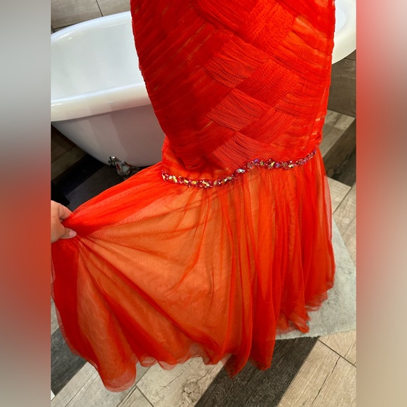 Like New La Femme Orange Sexy Red Strapless Rhinestone Gauze Chic Dress 2 - Picture 13 of 16
